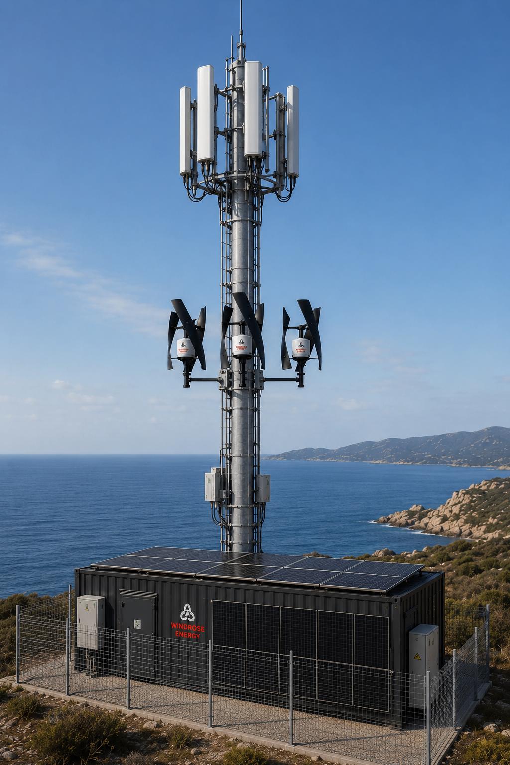 Konzept eines WES Atlas am Funkmast mit drei Windrosen, Photovoltaik und Technikcontainer