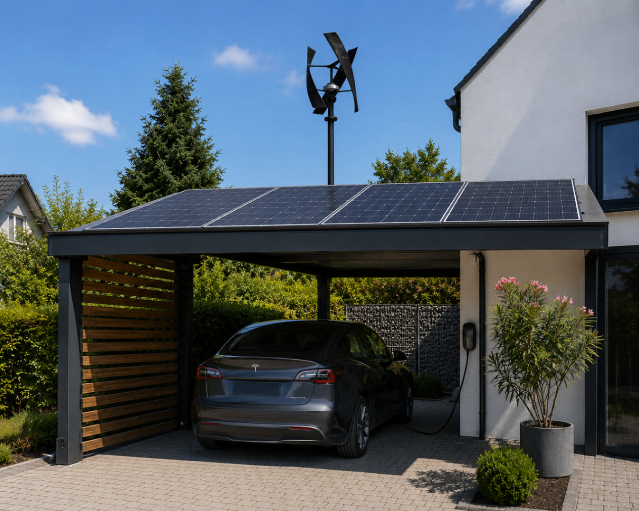 Carport mit Photovoltaikdach, Windrose Anlage und Elektrofahrzeug